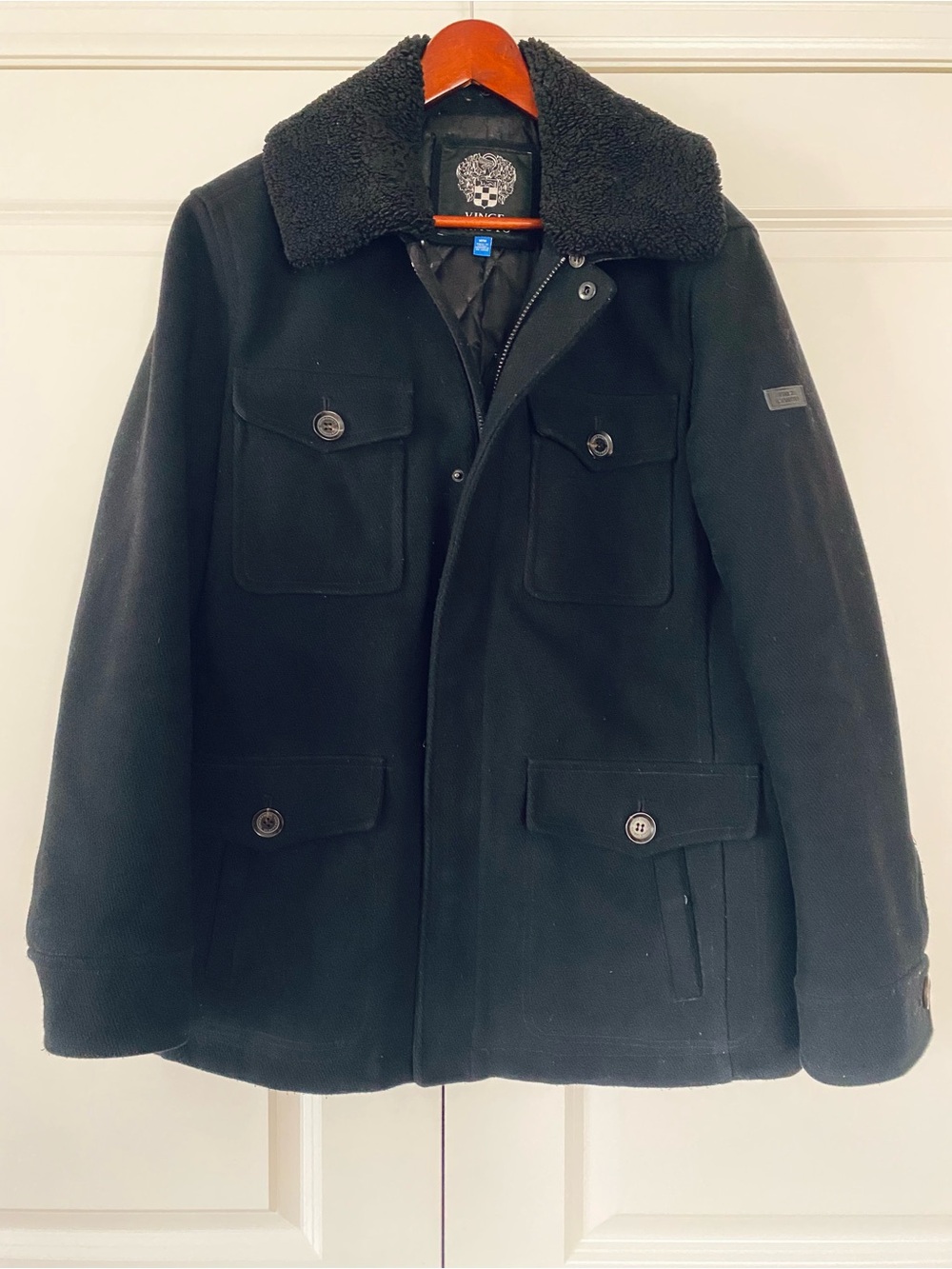 Mens Black Wool Blend Coat with Sherpa Collar